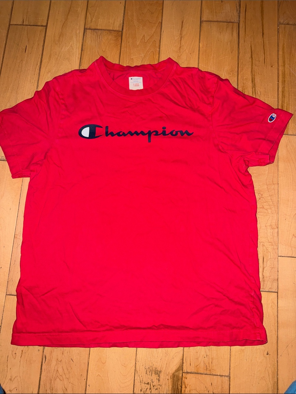 Champion Red Short Sleeve Tee with Navy Script Logo